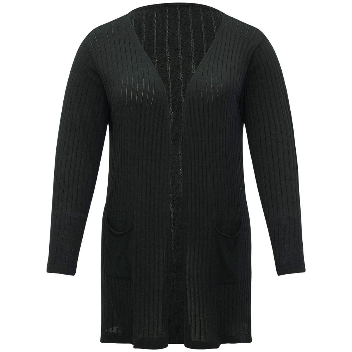 Plus Size Solid Rib Knit Pocket Lightweight Tunic Cardigan Black Women Basics Loose Long Sleeve Everyday Cardigans BloomChic 30/6X Product Image