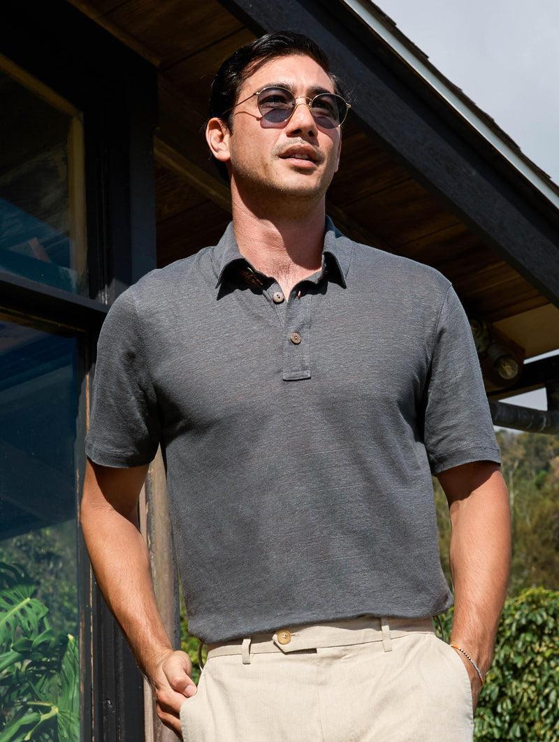Short-Sleeve Linen Polo - Black Iron Product Image
