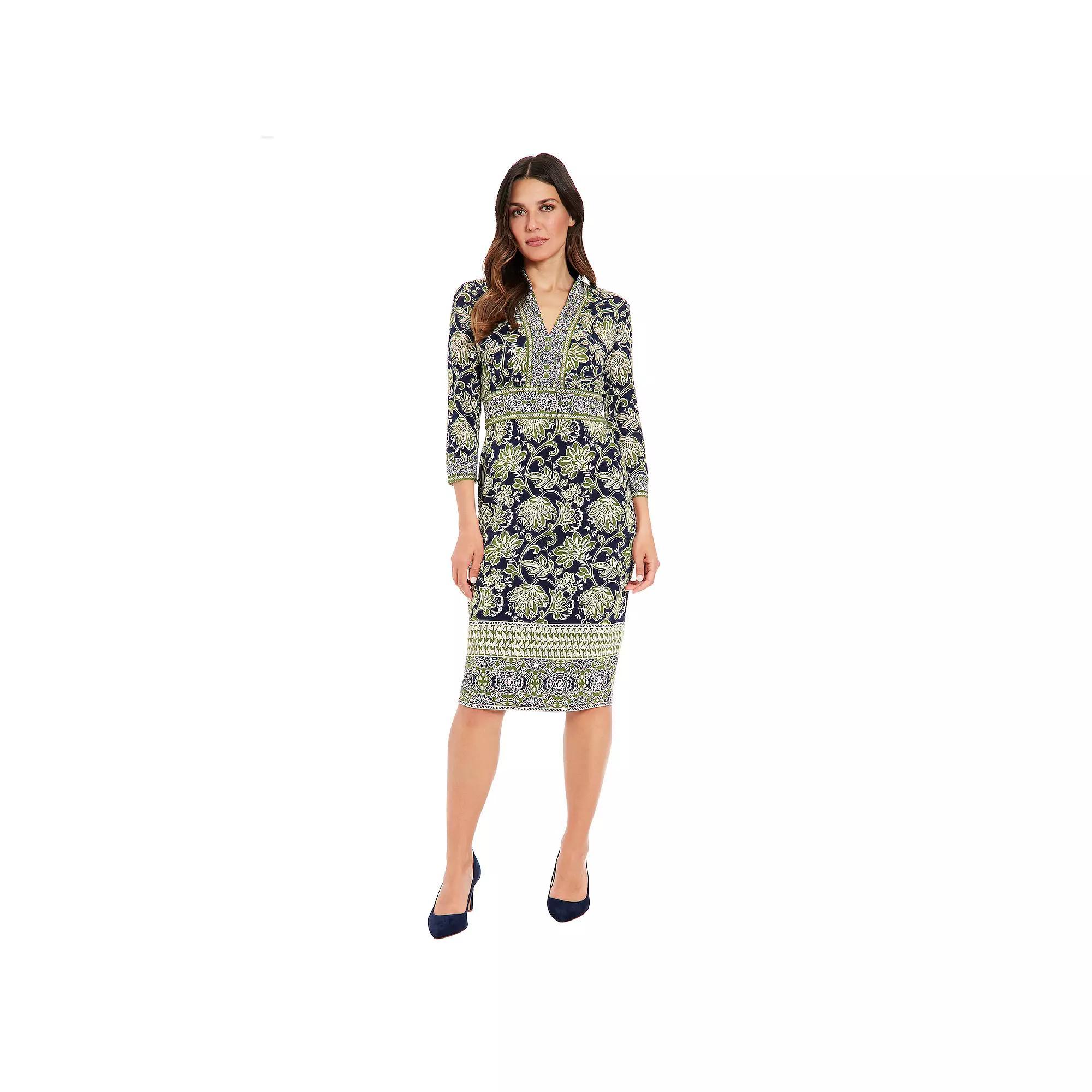 Women's London Times V-Neck Sheath Inset Waist Dress, Size: 4, Navy Green Floral Product Image