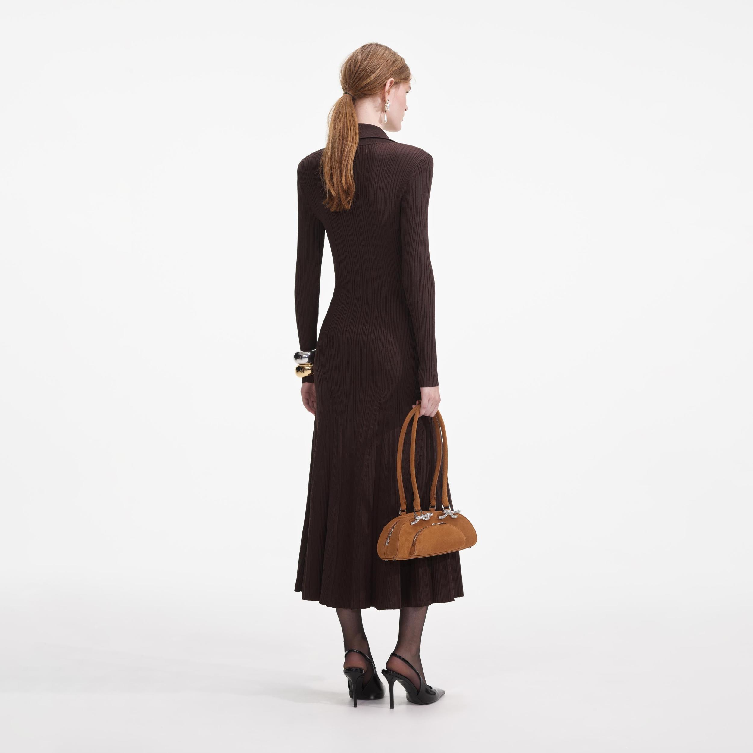 Brown Viscose Rib Knit Midi Dress Product Image