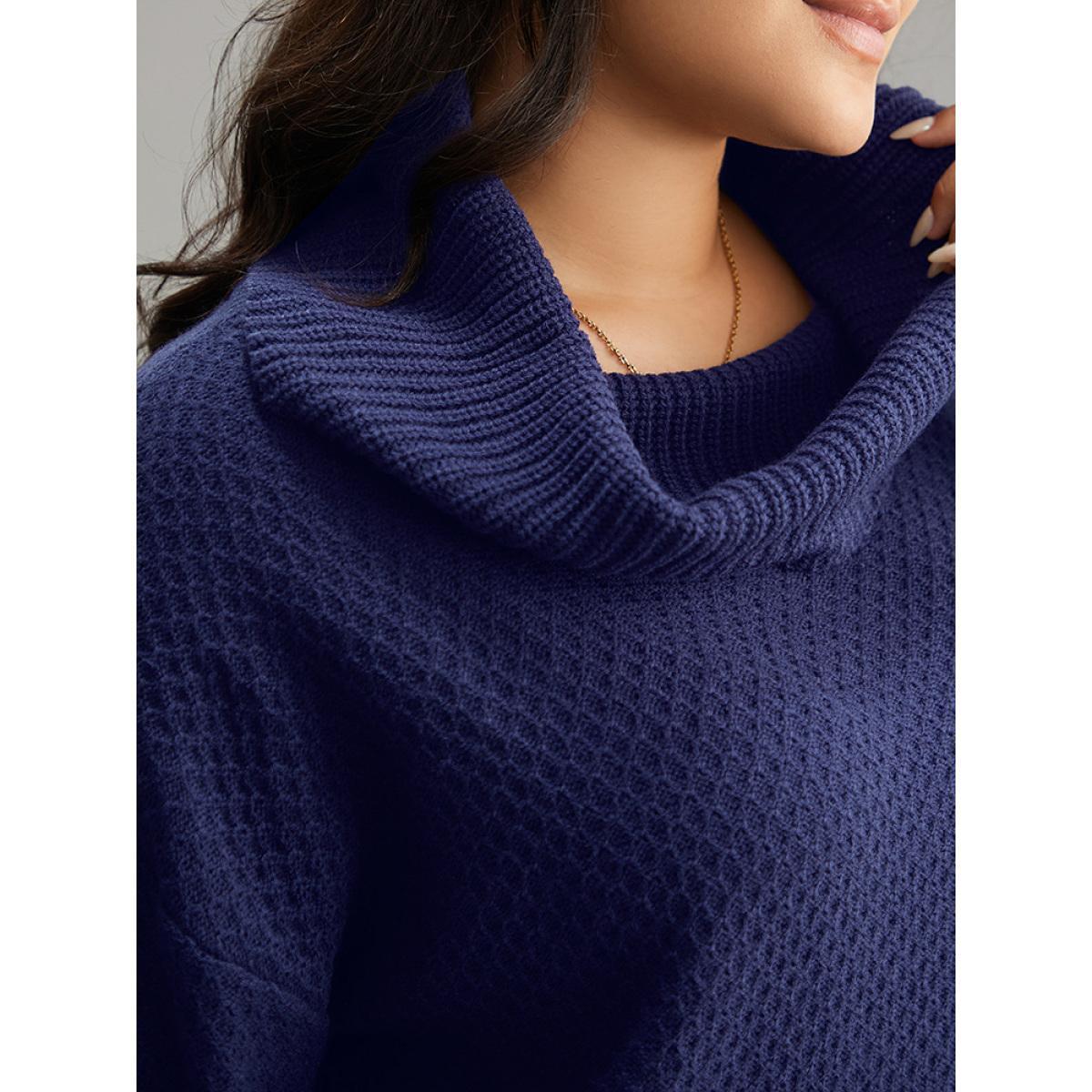 Plus Size Solid Turtle Neck Split Side Pullover DarkBlue Women Casual Loose Long Sleeve Turtleneck Everyday Pullovers BloomChic 18-20/2X Product Image