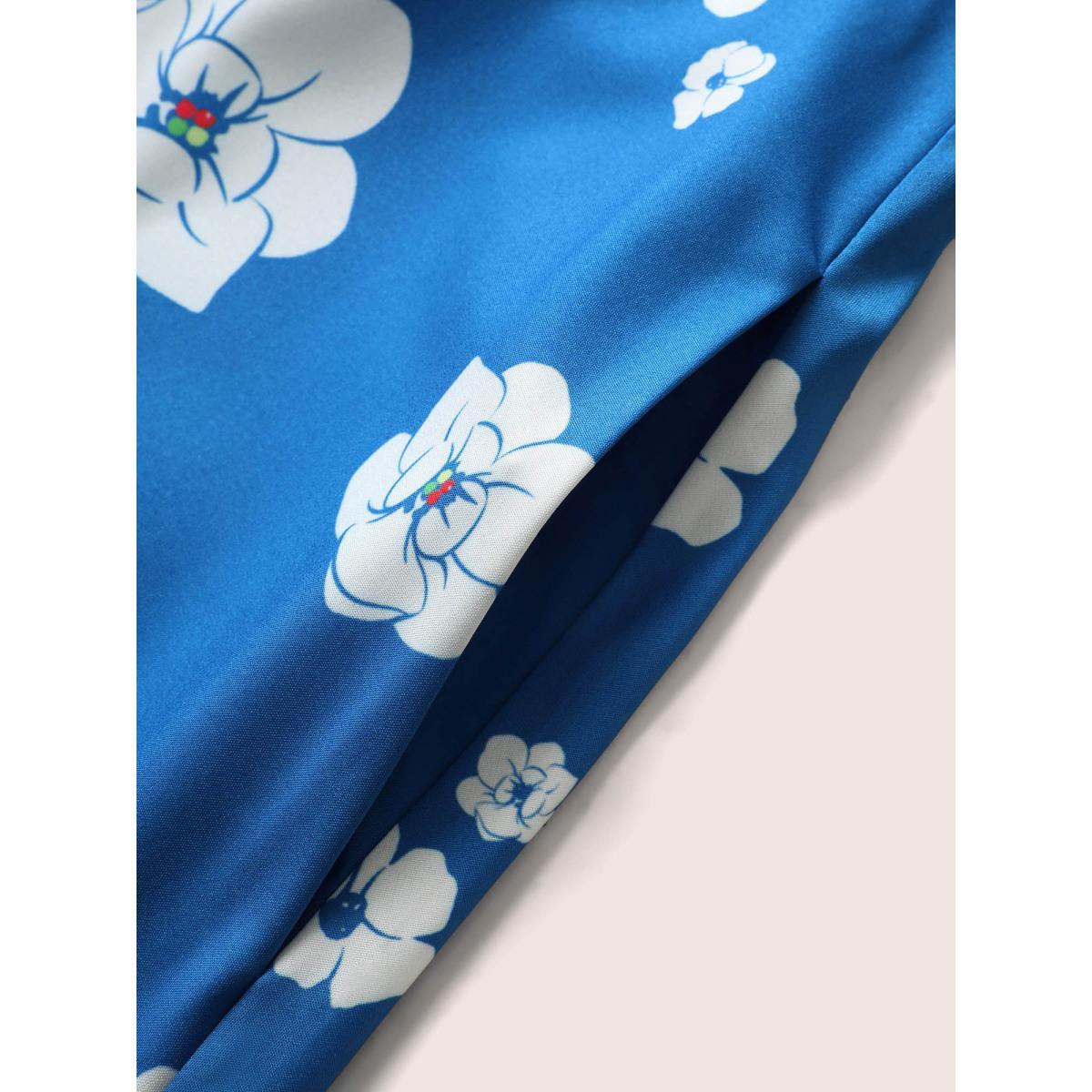 Plus Size Square Neck Natural Flowers Ruffle Sleeve Dress Blue Women Elegant Button Square Neck Short sleeve Curvy BloomChic 14-16/1X Product Image