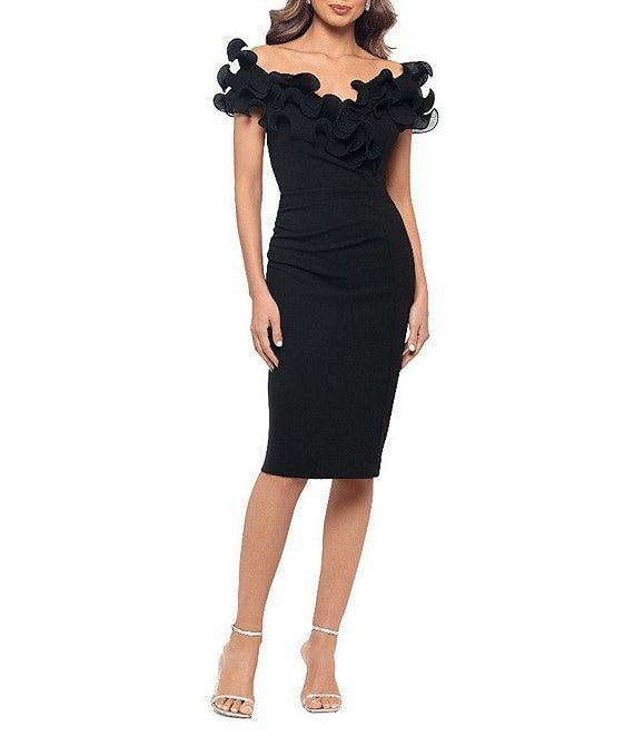 Xscape Petite Size Scuba Crepe V-Neck Sleeveless Wire Ruffle Trim Ruched Back Dress Product Image