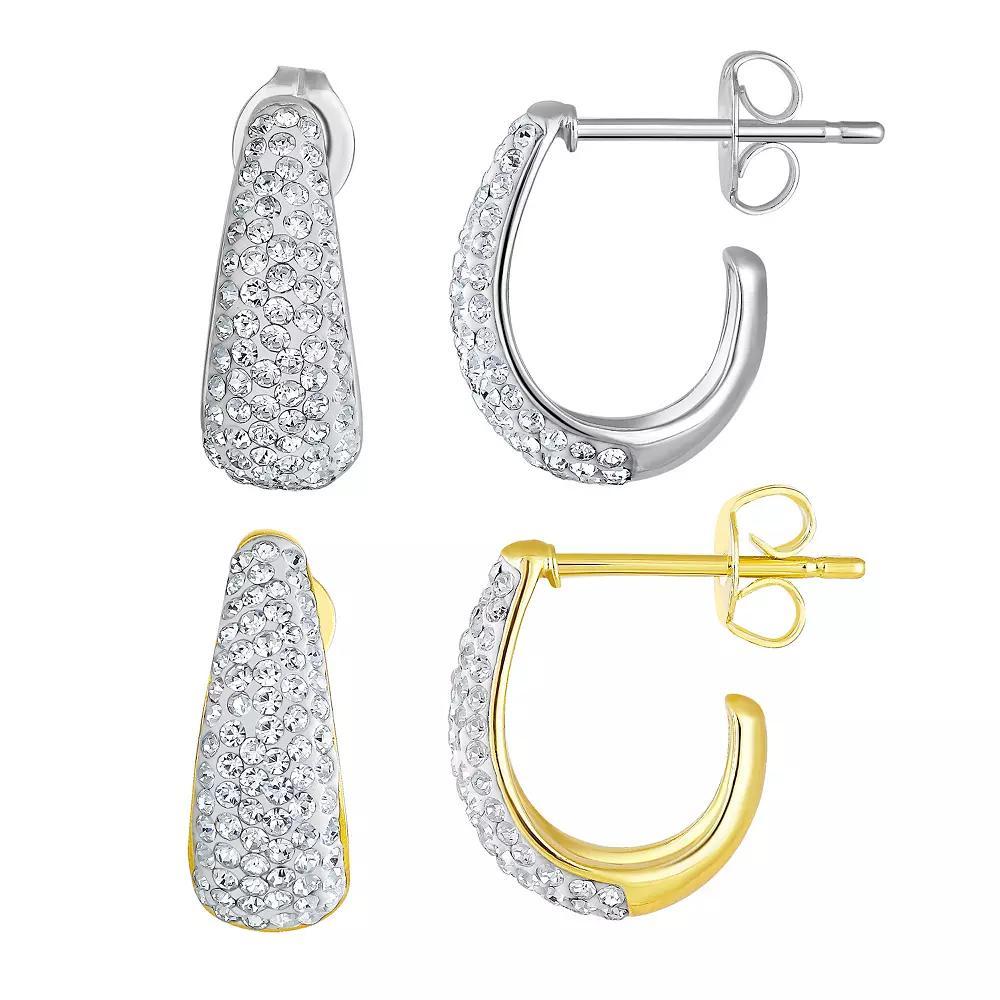 Two Tone Sterling Silver Crystal C-Hoop Earring Set, Women's Product Image