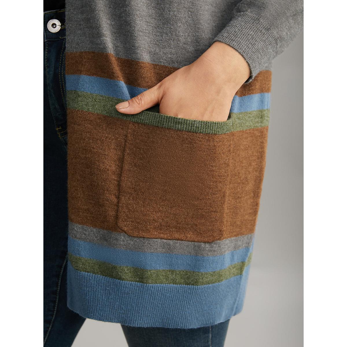 Plus Size Anti-Pilling Colorblock Contrast Open Front Cardigan Multicolor Women Casual Loose Long Sleeve Dailywear Cardigans BloomChic 12/L Product Image