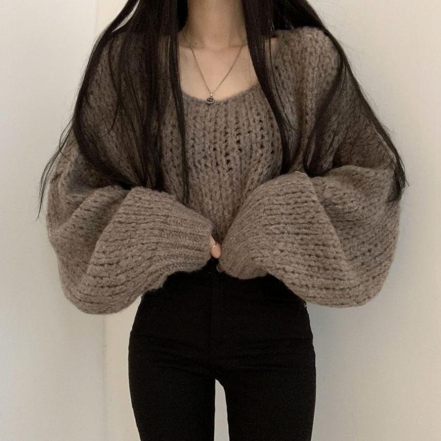 Puff-Sleeve Plain Chunky Knit Sweater Product Image