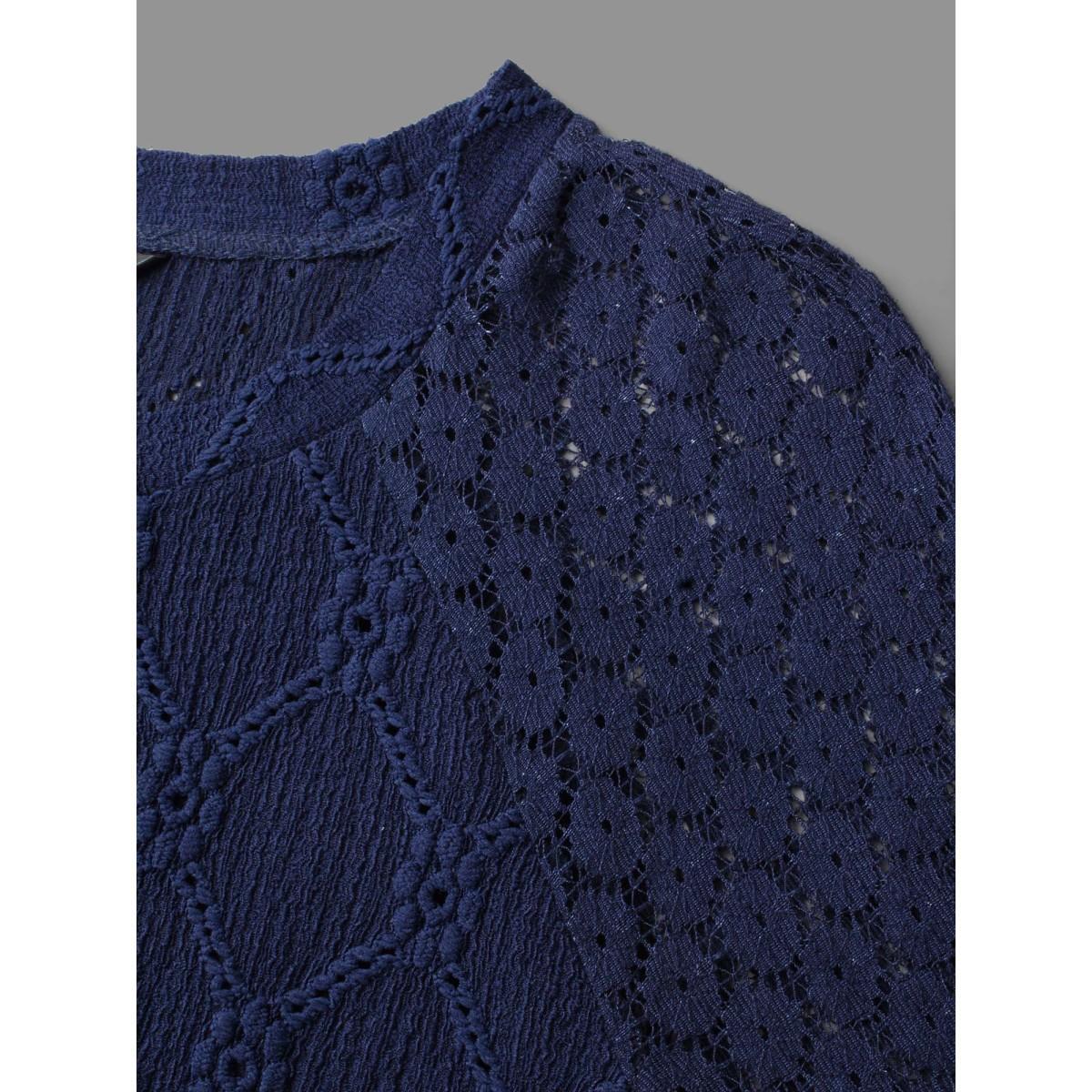 Plus Size Raglan Lace Mesh Sleeve Textured Sweatshirt Women Indigo Elegant See through Round Neck Everyday Sweatshirts BloomChic 10/M Product Image