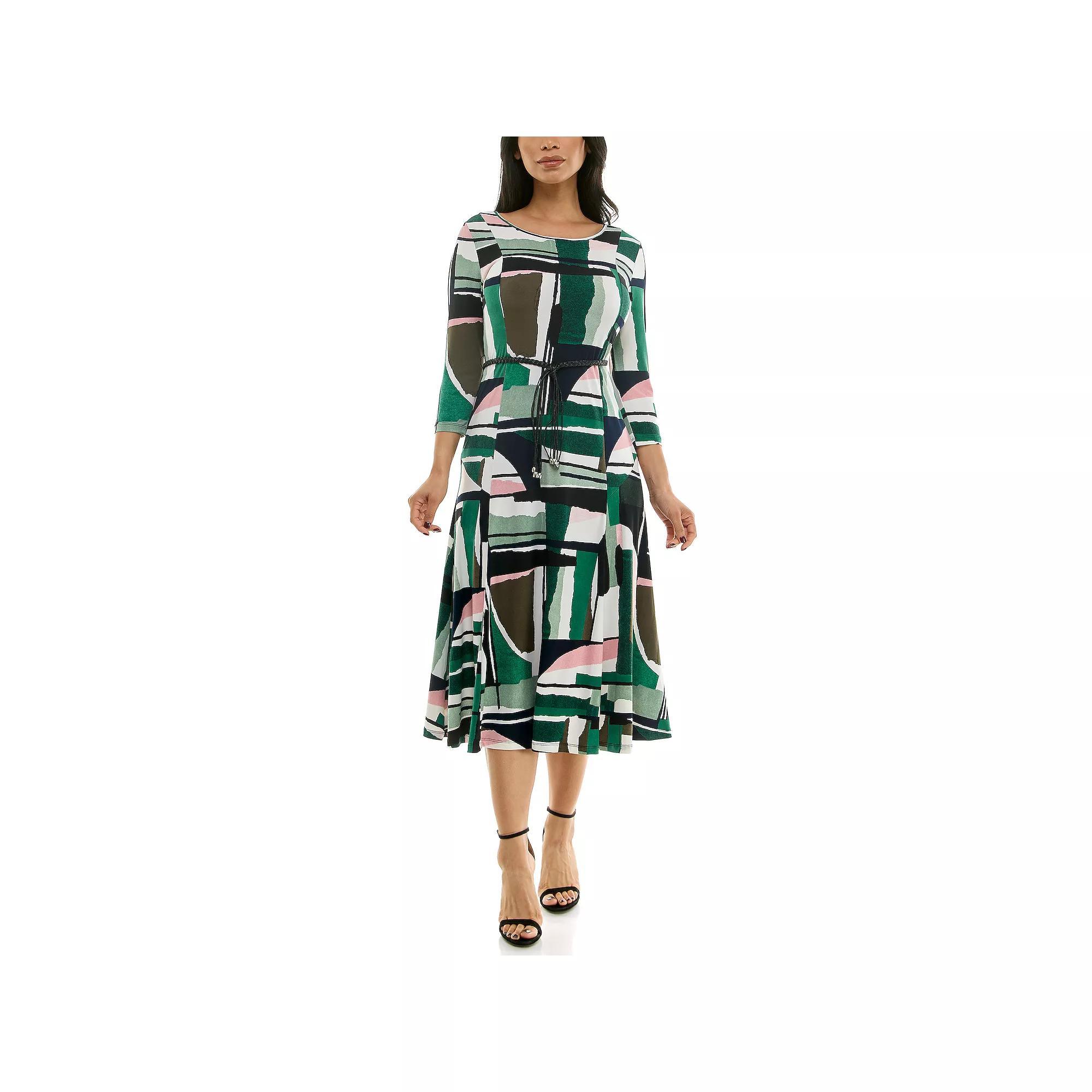 Women's Nina Leonard Sylvia Three-Quarter Sleeve Belted Midi Dress, Size: Large, Green Team Product Image