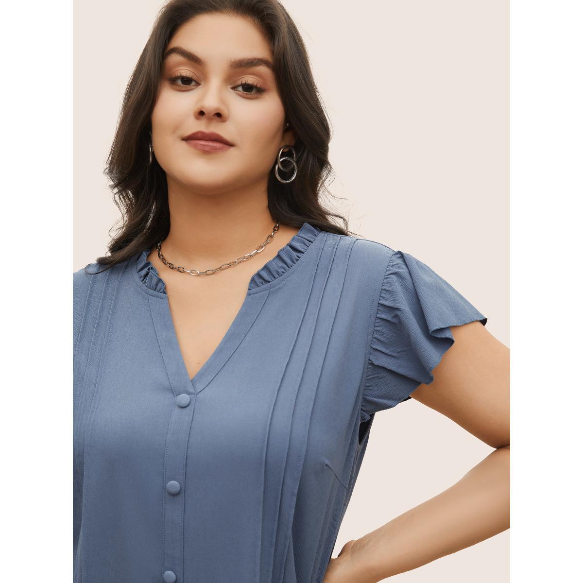Plus Size Stone Stretchy Woven Pleated Button Detail Cap Sleeve Blouse Women Work From Home Cap Sleeve V-neck Work Blouses BloomChic 26/4X Product Image