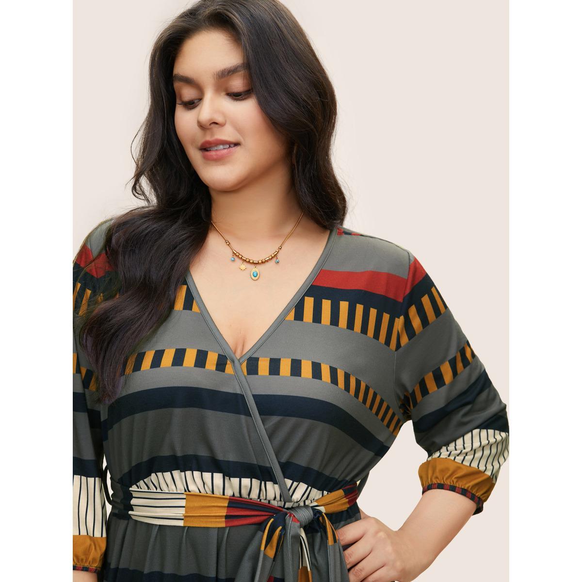 Plus Size Contrast Striped Wrap Lantern Sleeve Belted Dress DimGray Women Resort Non Overlap Collar Elbow-length sleeve Curvy Midi Dress BloomChic 30/6X Product Image