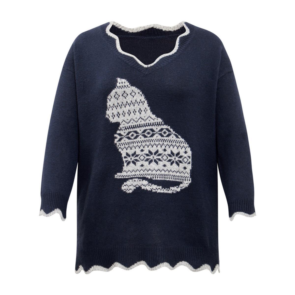 Plus Size Cat Graphic Scalloped Trim Pullover Midnight Women Casual Loose Long Sleeve V-neck Dailywear Pullovers BloomChic 12/L Product Image