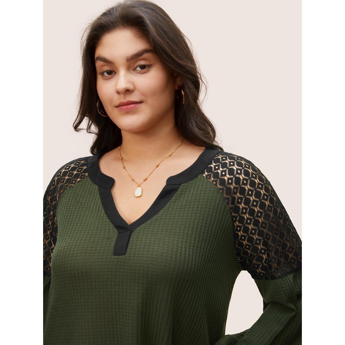 Plus Size Lace Patchwork Waffle Knit Contrast Notched T-shirt Green Women Elegant Contrast Plain Notched collar Everyday T-shirts BloomChic 10/M Product Image