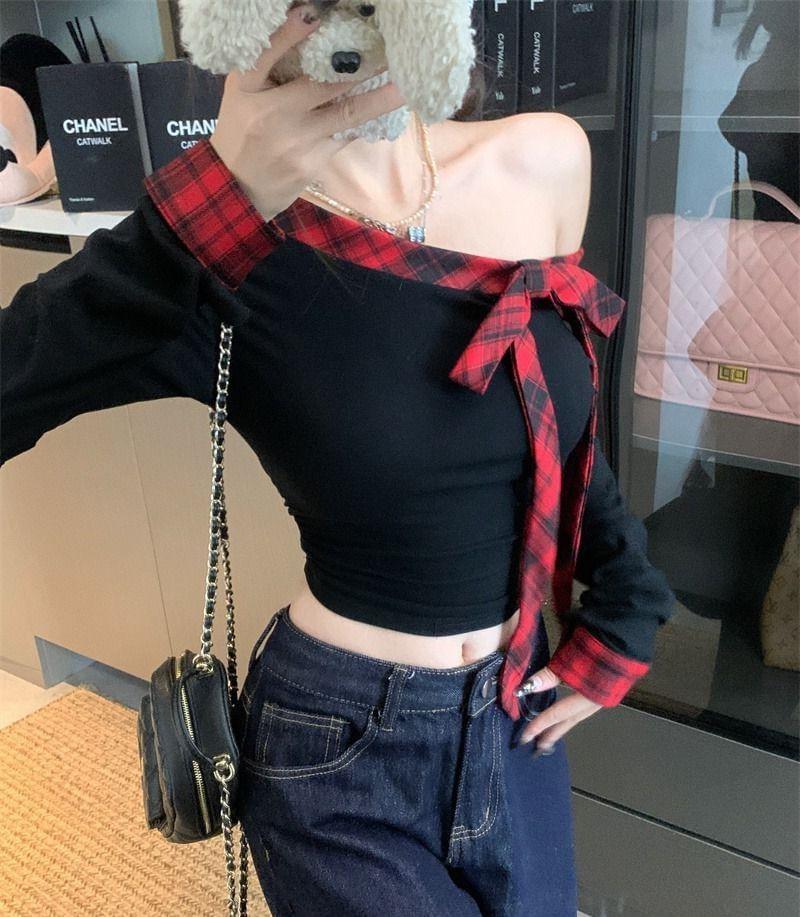 One-Shoulder Long-Sleeve Plaid Trim Bow Crop Tee Product Image