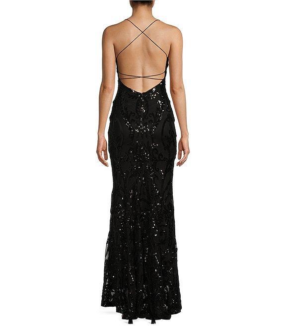 B. Darlin Spaghetti Strap Placement Sequin Long Dress Product Image
