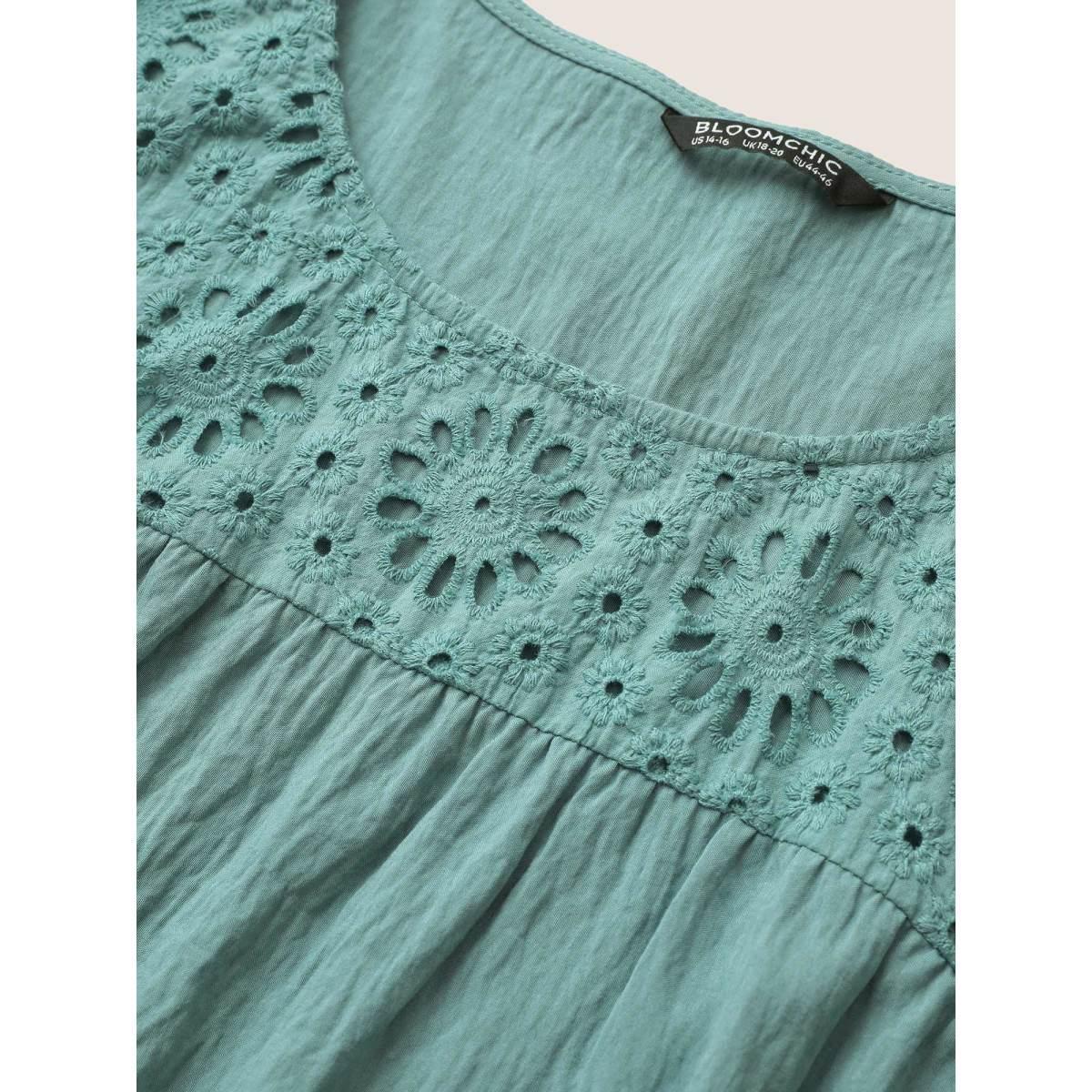 Plus Size Mint Plain Broderie Anglaise Ruffle Sleeve Blouse Women Casual Elbow-length sleeve Round Neck Everyday Blouses BloomChic 28/5X Product Image