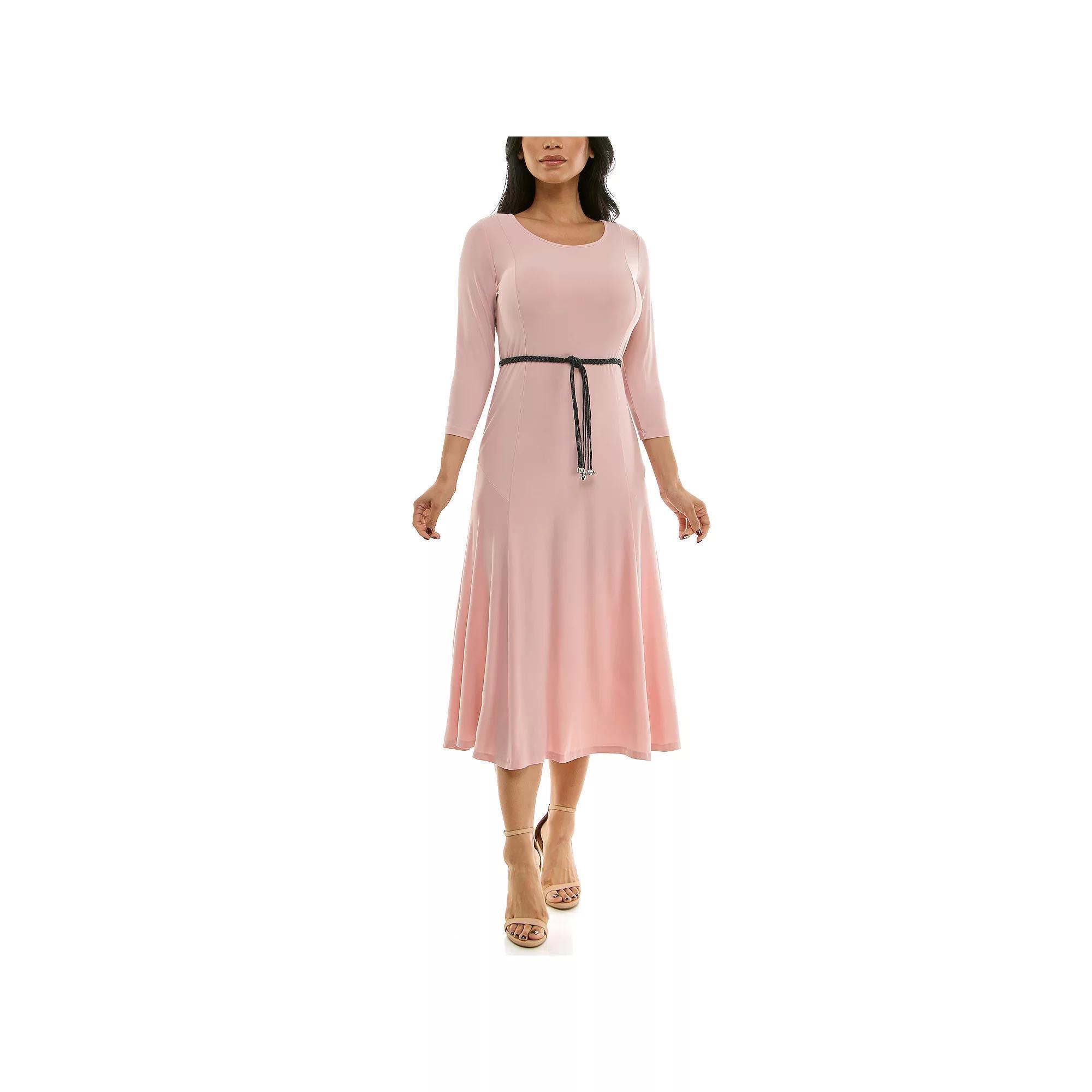 Women's Nina Leonard Sylvia Three-Quarter Sleeve Belted Midi Dress, Size: XL, Blush Product Image