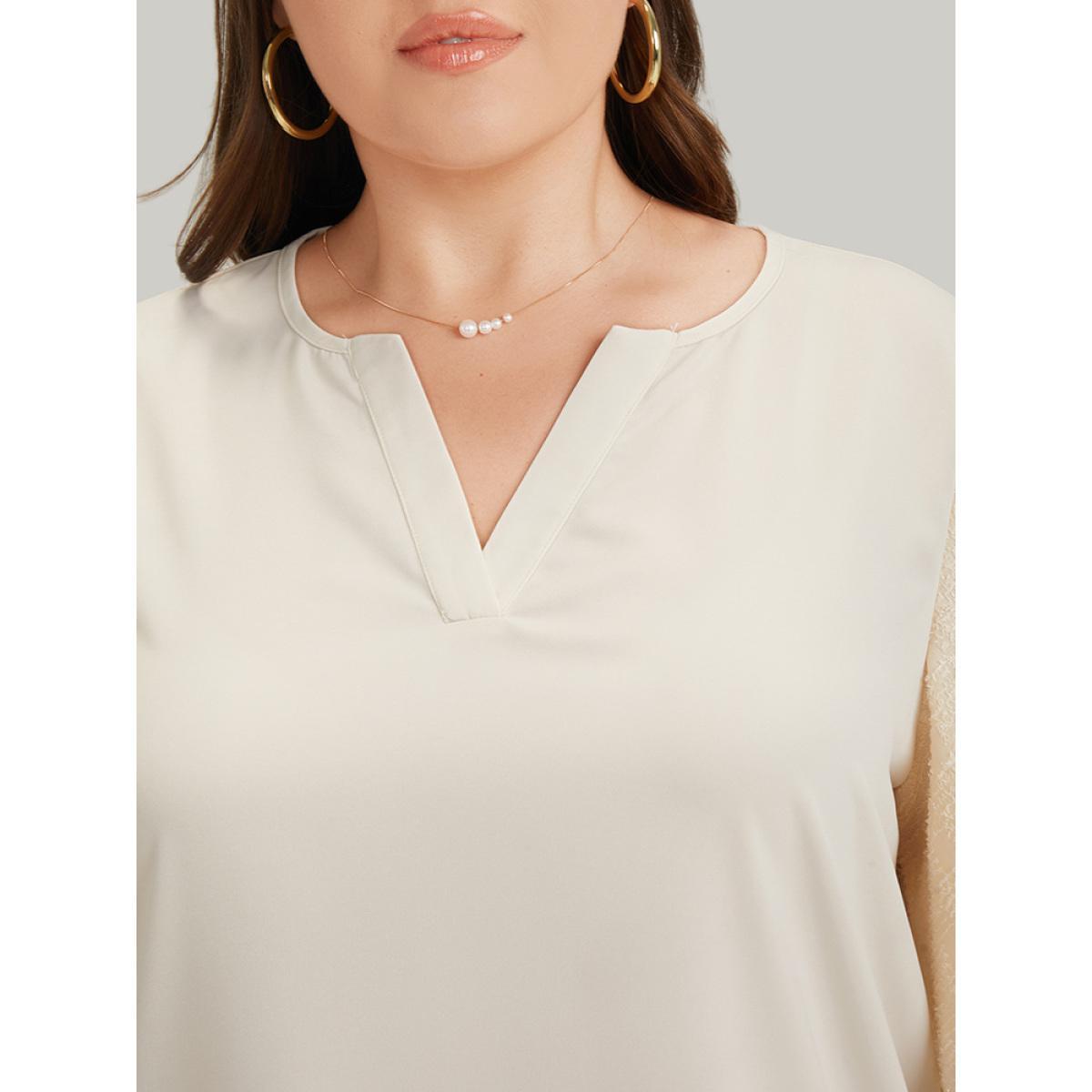 Plus Size Ivory Anti-Wrinkle Solid Patchwork Petal Sleeve Notched Blouse Women Office Half Sleeve Notched collar Work Blouses BloomChic 12/L Product Image