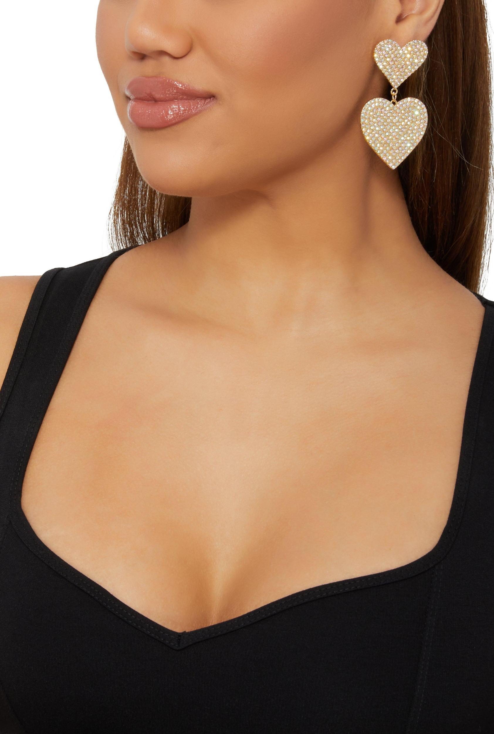 Womens Pave Rhinestone Heart Drop Earrings Product Image