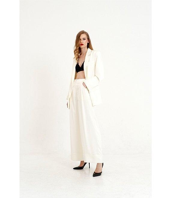 Le' AL.X Woven Satin High Rise Pleated Front Tall Cuff Full Length Wide Leg Coordinating Trousers Product Image