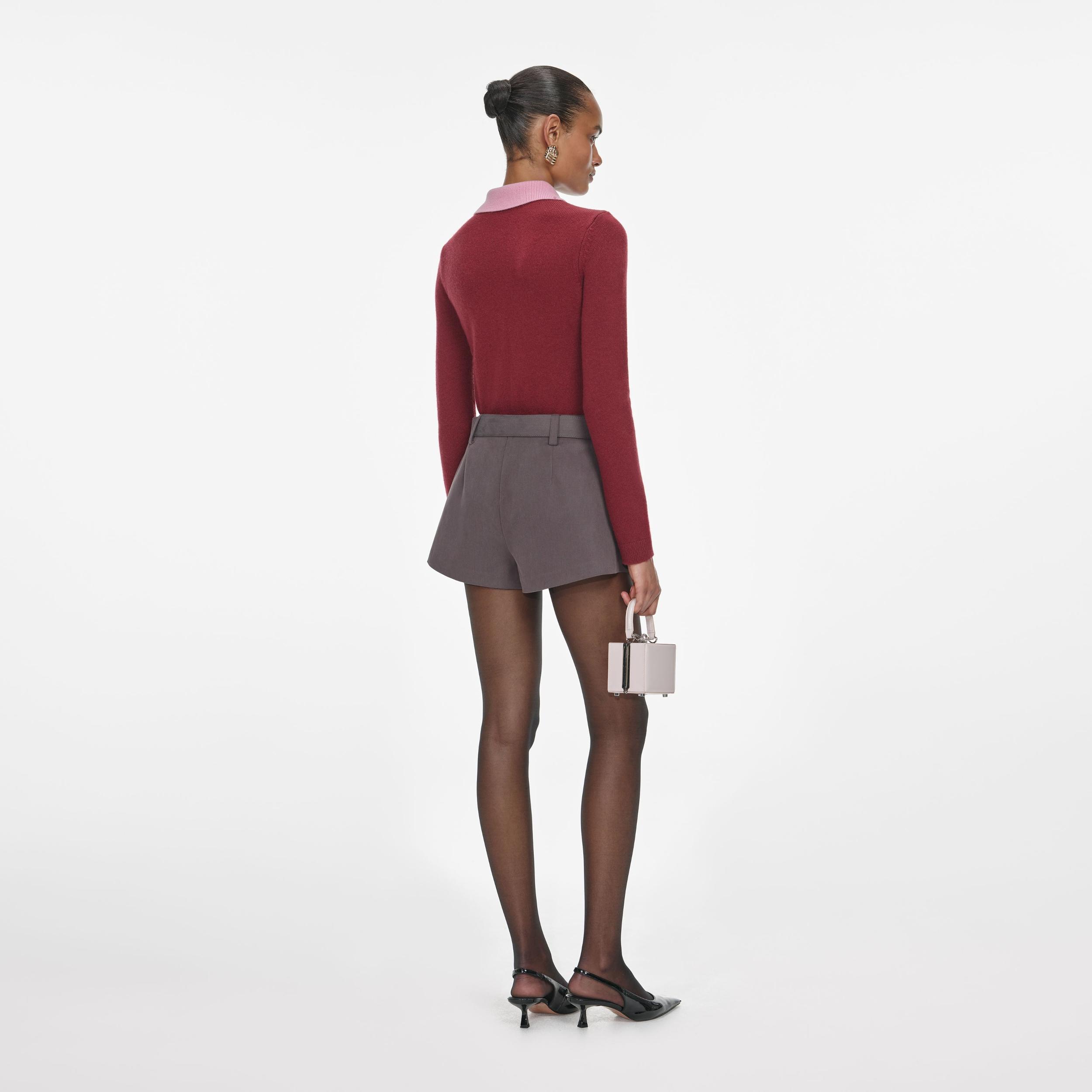 Burgundy Pink Contrast Collar Knit Top Product Image