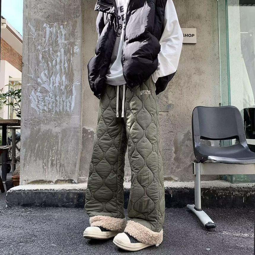 Drawstring Waist Fleece Panel Quilted Wide Leg Pants Product Image