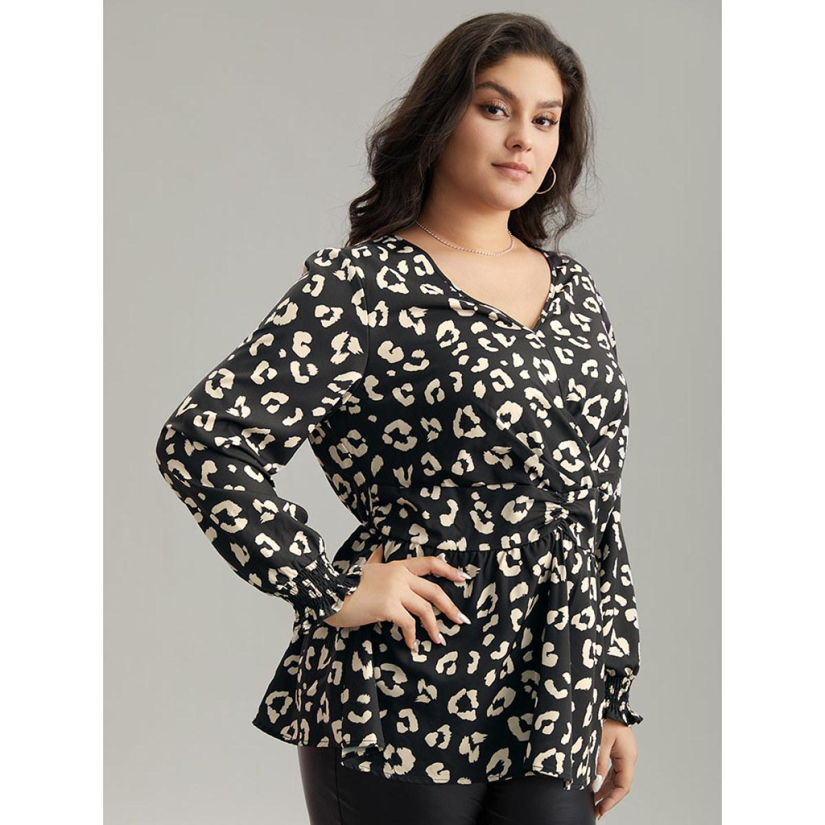 Plus Size Black Leopard Print Crossover Ruched Shirred Blouse Women Elegant Long Sleeve V-neck Dailywear Blouses BloomChic 22-24/3X Product Image