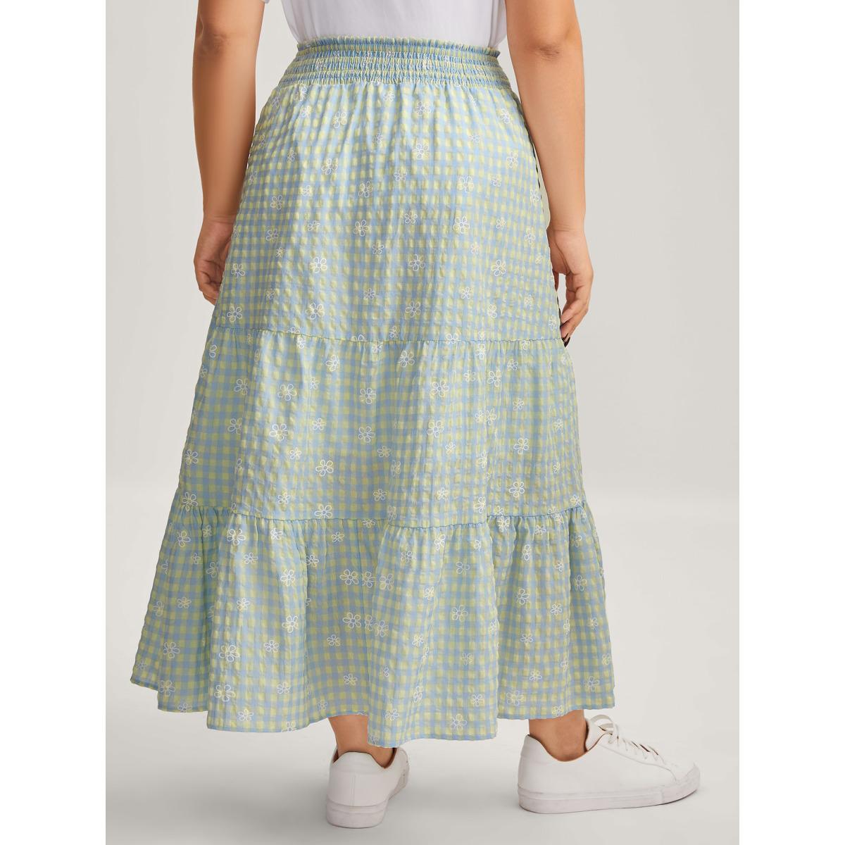 Plus Size Plaid Floral Shirred Waist Maxi Skirt Women LightBlue Loose No stretch Side seam pocket Everyday-Elegant Skirts BloomChic 12/L Product Image
