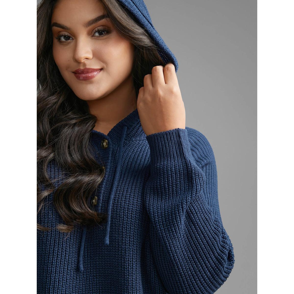 Plus Size Plain Button Up Hooded Pullover Indigo Women Casual Loose Long Sleeve Hooded Everyday Pullovers BloomChic 22-24/3X Product Image