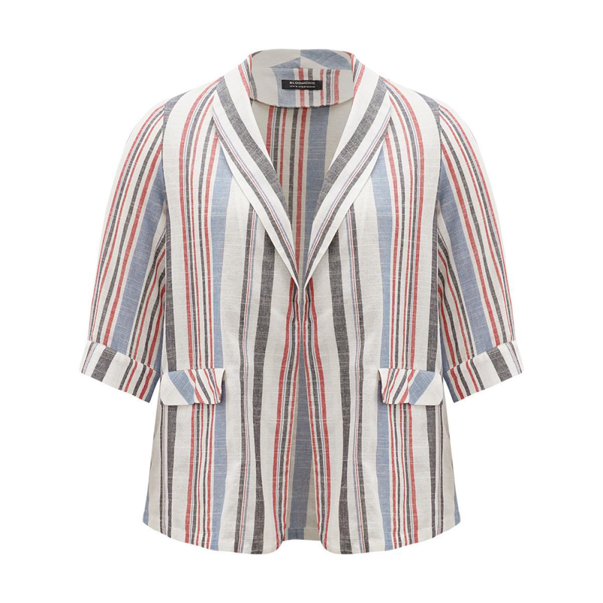 Plus Size Striped Lapel Collar Pocket Open Front Blazer DarkBlue Women Dailywear Striped Pocket Sleeve Elbow-length sleeve Lapel Collar 10/M Pocket Casual Blazers BloomChic Product Image