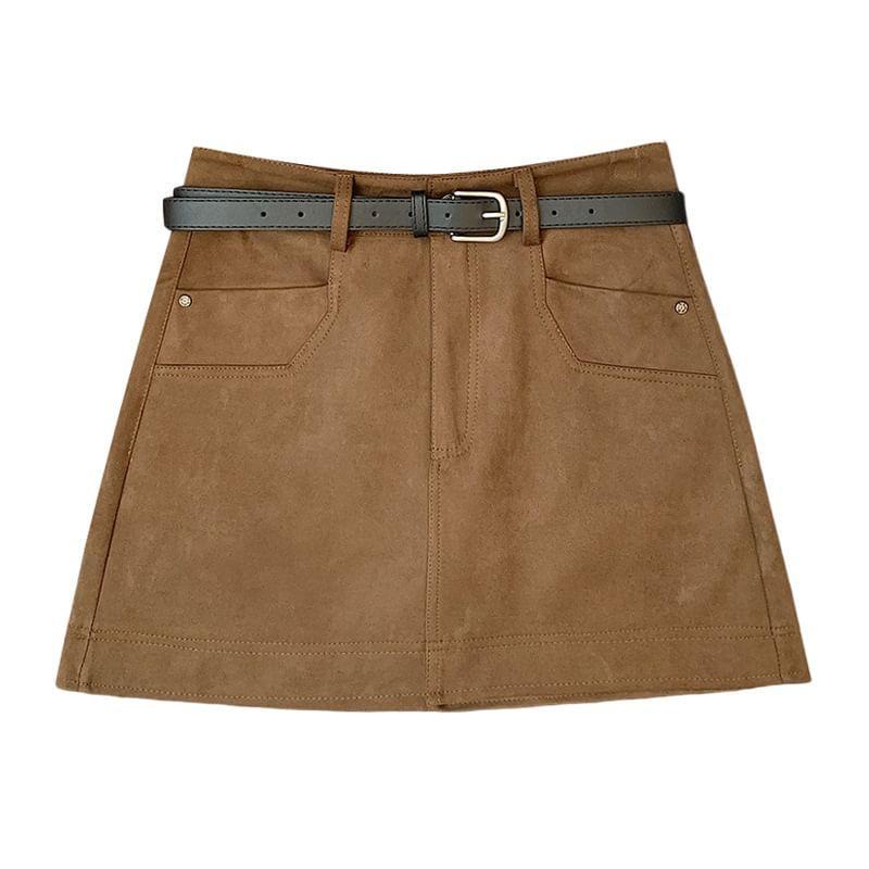 High Rise Plain Faux Suede Mini A-Line Skirt Product Image