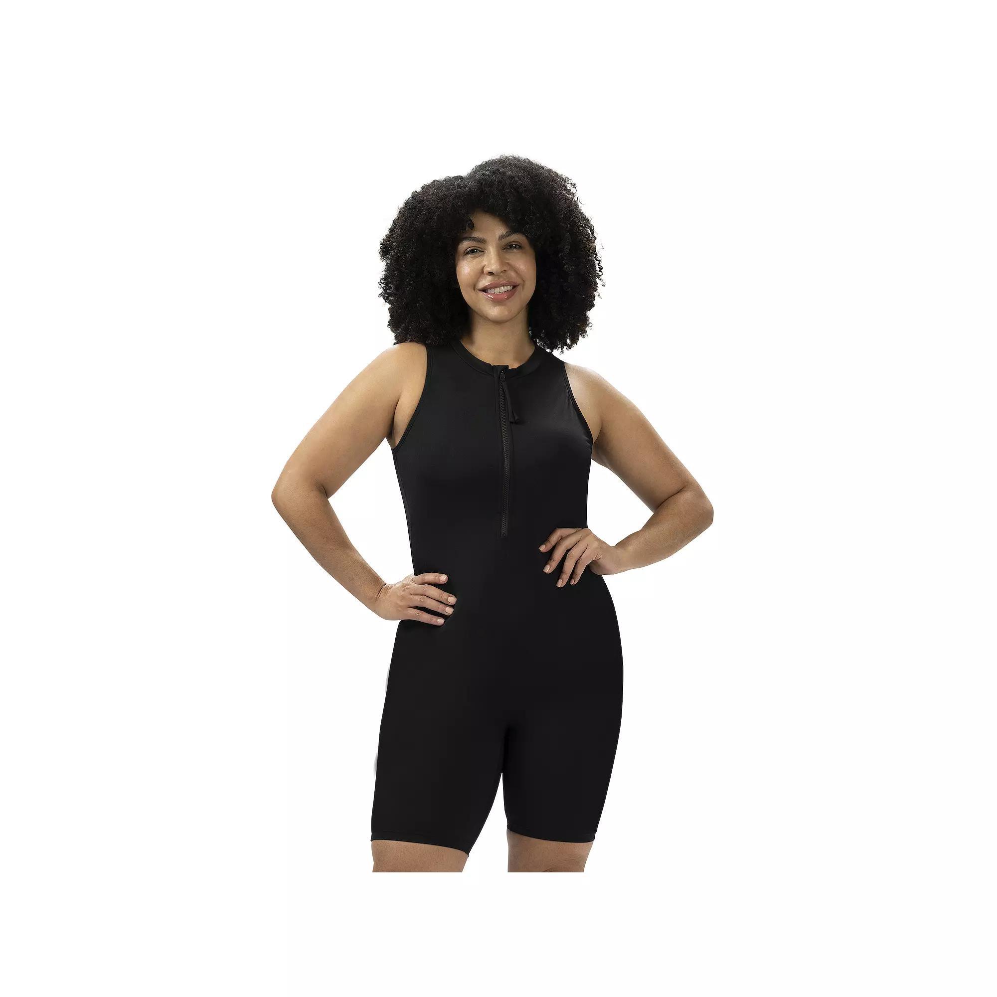 Women's Dolfin Aquashape Zip Front Aquatard One-Piece Swimsuit, Size: 14, Black Product Image