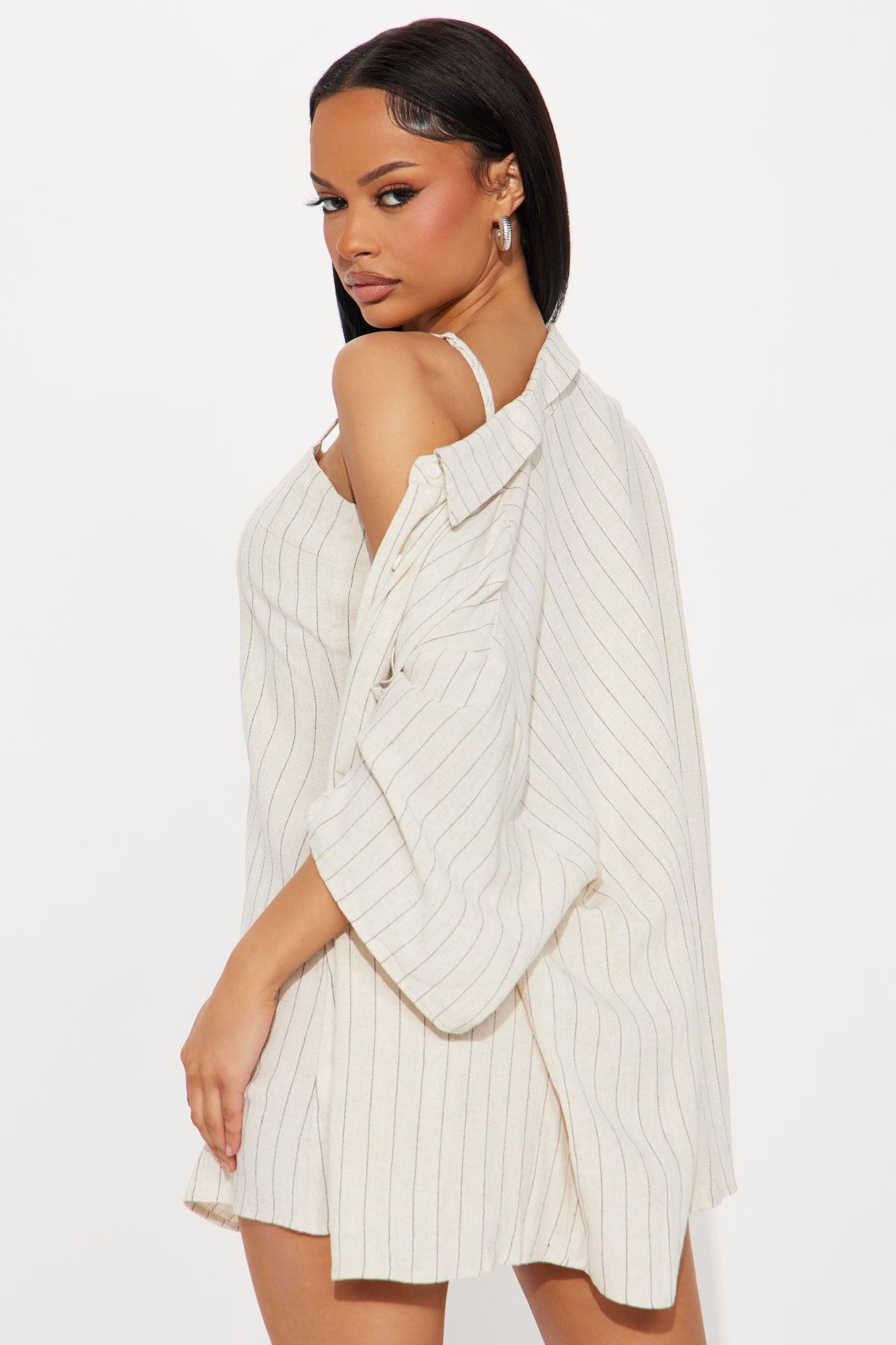 Newport Beach Linen Pinstripe Mini Dress Set - Oatmeal Product Image