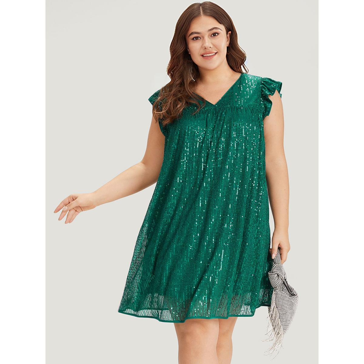 Plus Size Sequin Mesh Pocket Cap Sleeve Ruffle Trim Dress Emerald Women Party Plain V-neck Half Sleeve Curvy Knee Dress BloomChic 12/L Product Image