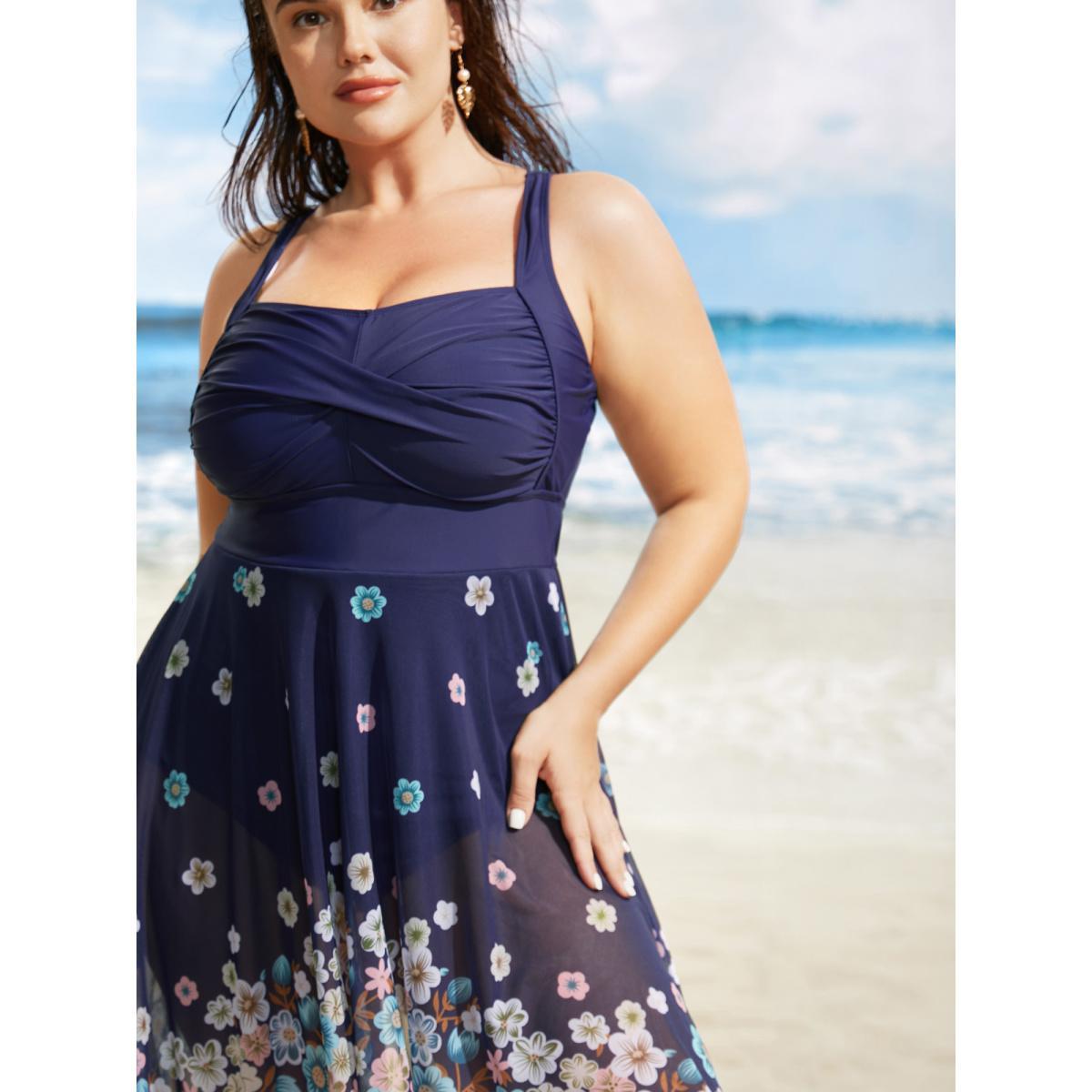Plus Size Flowers Patchwork Mesh Hanky Hem Swim Dress Women's Swimwear Indigo Beach Bodycon Heart neckline High stretch Curve Swim Dresses BloomChic 26/4X Product Image