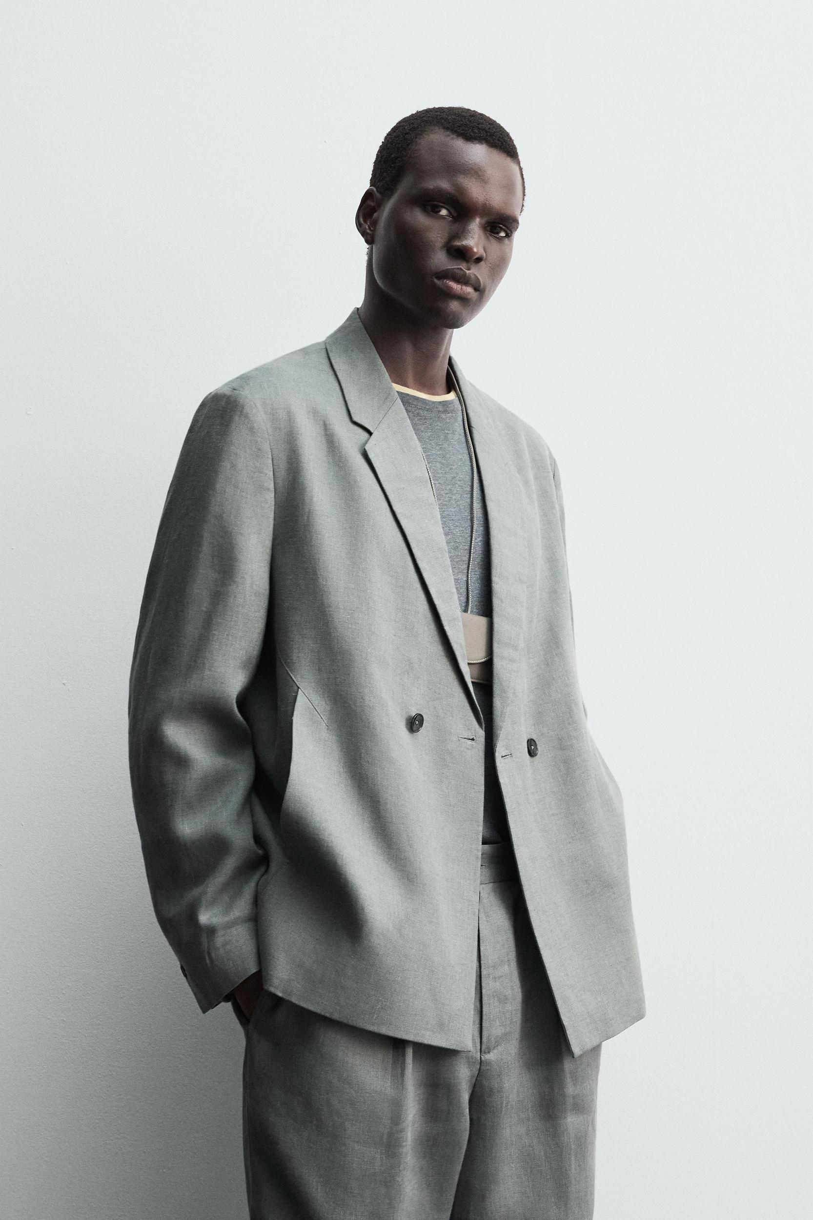 100% LINEN DOUBLE BREASTED SUIT BLAZER Product Image
