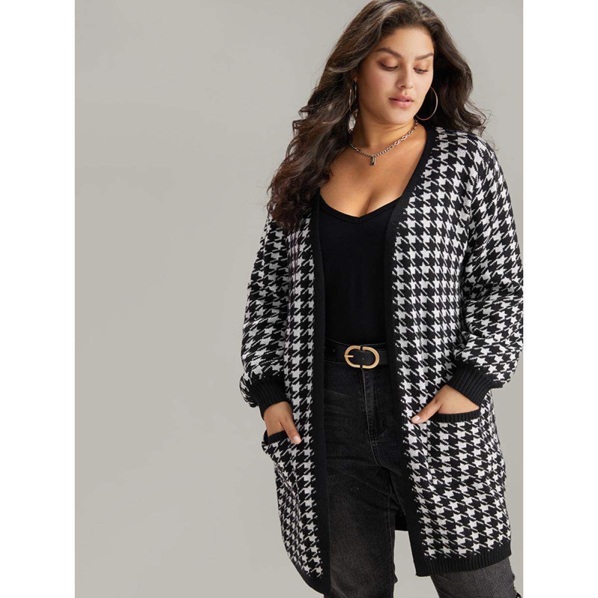 Plus Size Supersoft Essentials Houndstooth Pocket Elastic Cuffs Cardigan Black Women Casual Loose Long Sleeve Dailywear Cardigans BloomChic 26/4X Product Image