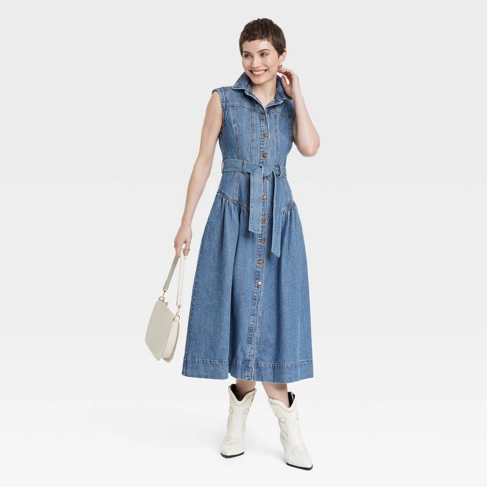 Womens Tie-Waist Midi A-Line Dress - Universal Thread Indigo 10: Cotton Blend, Front Button Down, Side Pockets Product Image