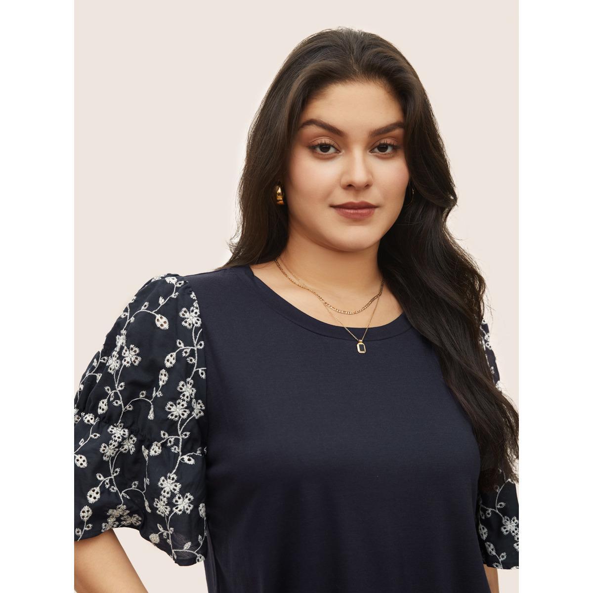 Plus Size Ditsy Floral Patchwork Broderie Anglaise T-shirt Midnight Women Elegant Patchwork Ditsy Floral Round Neck Everyday T-shirts BloomChic 28/5X Product Image