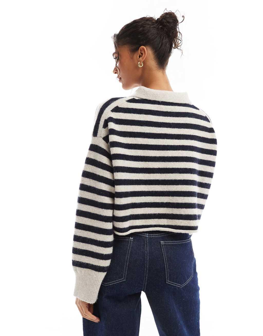 Bershka textured knitted polo sweater in black and tan stripe Product Image