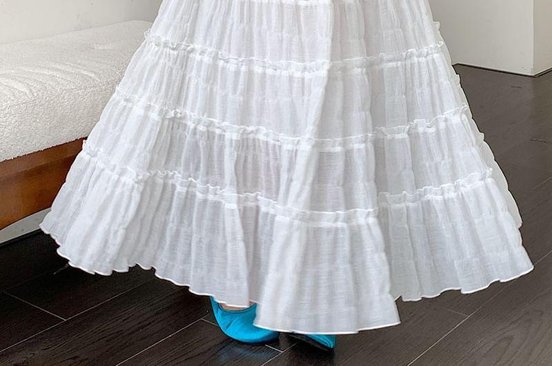 Elastic Waist Plain Ruffle Maxi A-Line Skirt Product Image