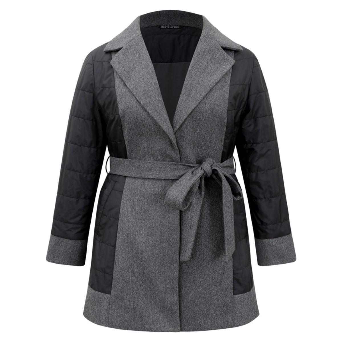 Plus Size Padded Patchwork Tweed Belted Lapel Collar Coat Women DimGray At the Office Lined Ladies Work Winter Coats BloomChic 22-24/3X Product Image