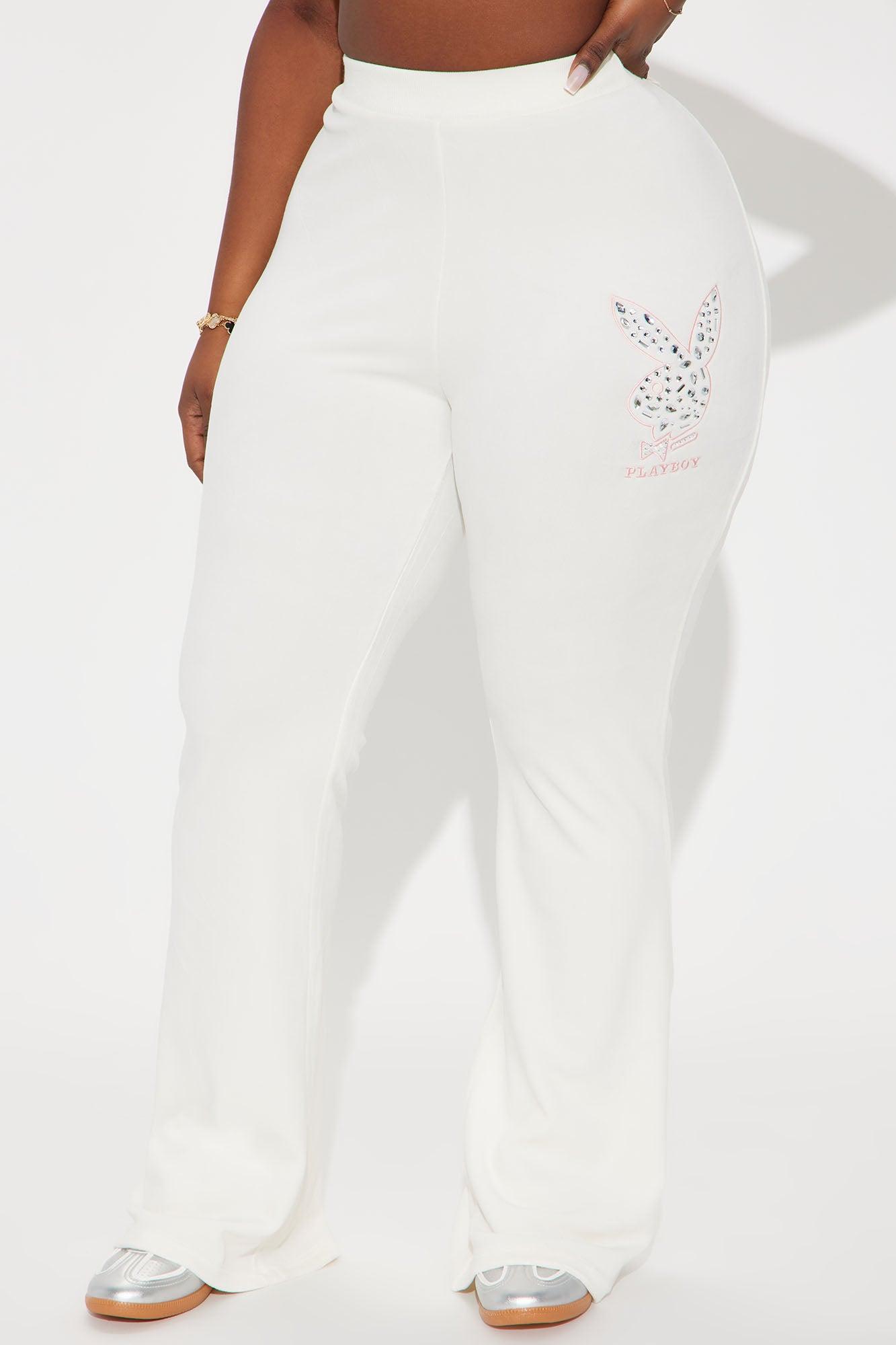 Playboy Rhinestone Velour Flared Pant - Cream Product Image