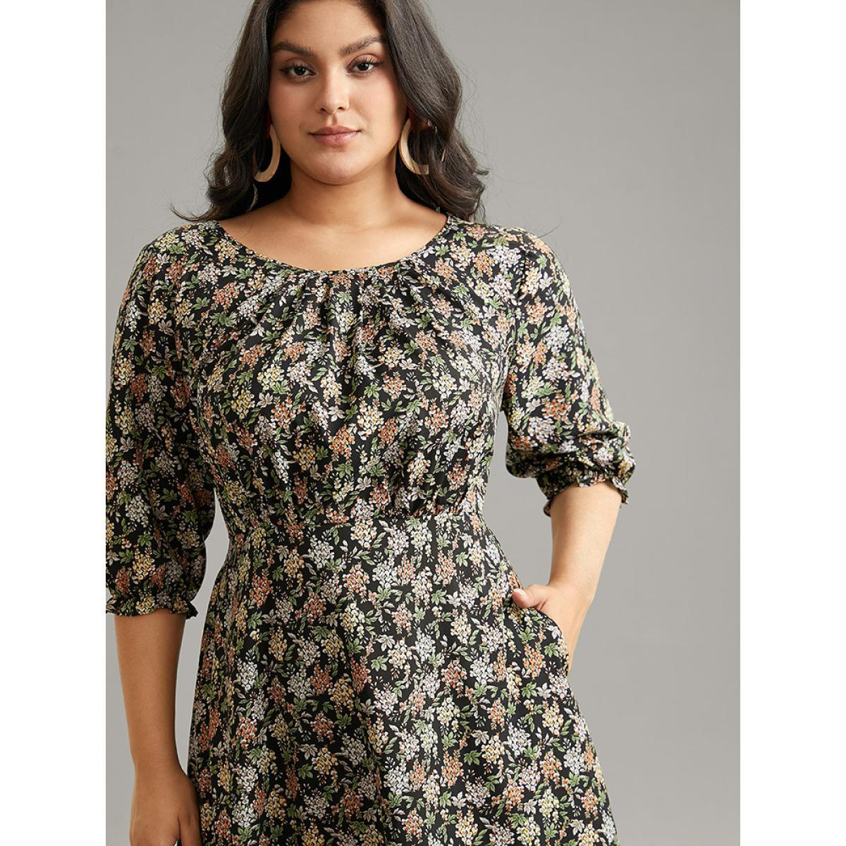 Plus Size Ditsy Floral Elastic Waist Pleated Dress Multicolor Women Vacation Printed Round Neck Elbow-length sleeve Curvy Midi Dress BloomChic 26/4X Product Image