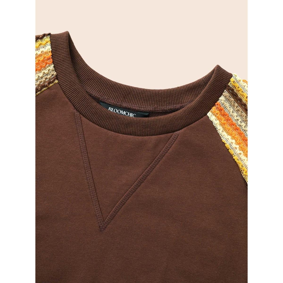 Plus Size Striped Textured Patchwork Raglan Sleeve Sweatshirt Women DarkBrown Casual Texture Round Neck Everyday Sweatshirts BloomChic 22-24/3X Product Image