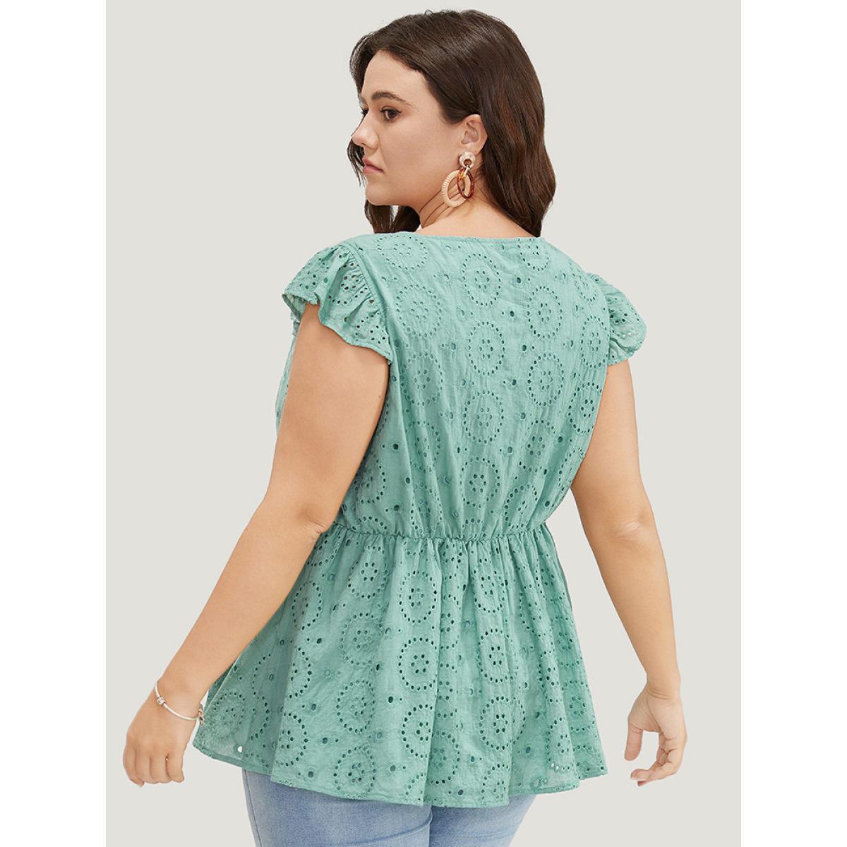 Plus Size Solid Broderie Anglaise Ruffles Cap Sleeve Tank Top Women Mint Elegant Broderie anglaise V-neck Dailywear Tank Tops Camis BloomChic 14-16/1X Product Image