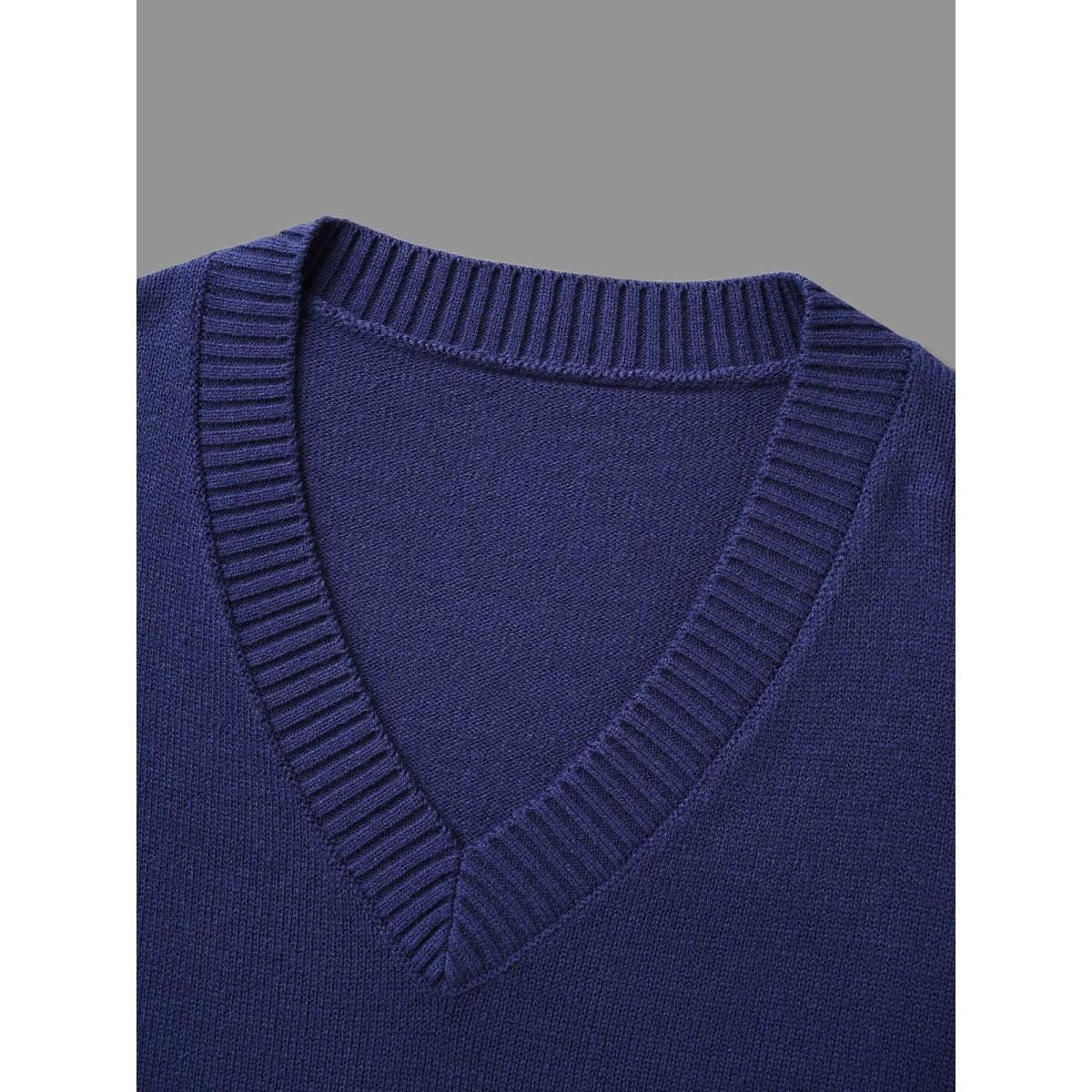 Plus Size Striped Jacquard Patched Pocket Pullover Indigo Women Casual Loose Long Sleeve V-neck Everyday Pullovers BloomChic 26/4X Product Image
