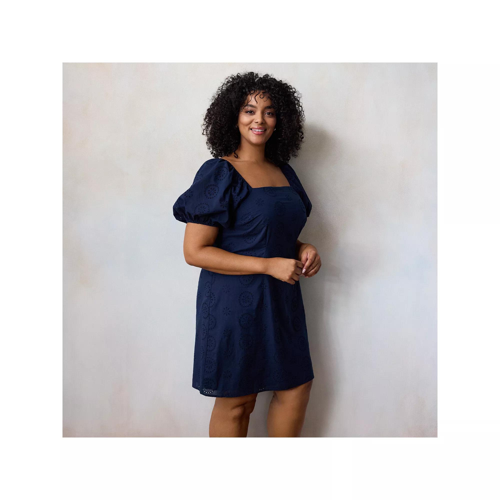 Plus Size LC Lauren Conrad Puffed Sleeve Square Neck Midi Dress, Women's, Size: 1XL, Blue Water Product Image