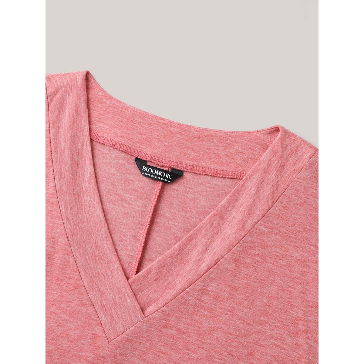 Plus Size Stretchy Heathered V-Neck Solid T-Shirt Beanpastepowder Women Casual Roll Hem V-neck Everyday T-shirts BloomChic 14-16/1X Product Image