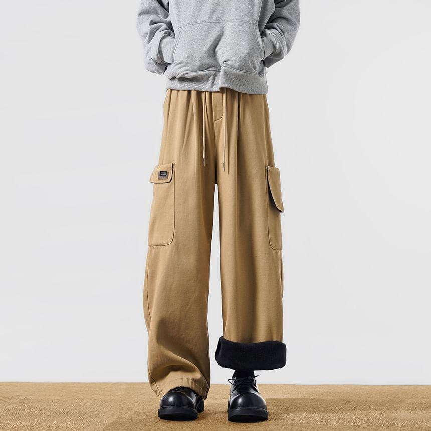 Drawstring Waist Plain Wide Leg Cargo Pants Product Image