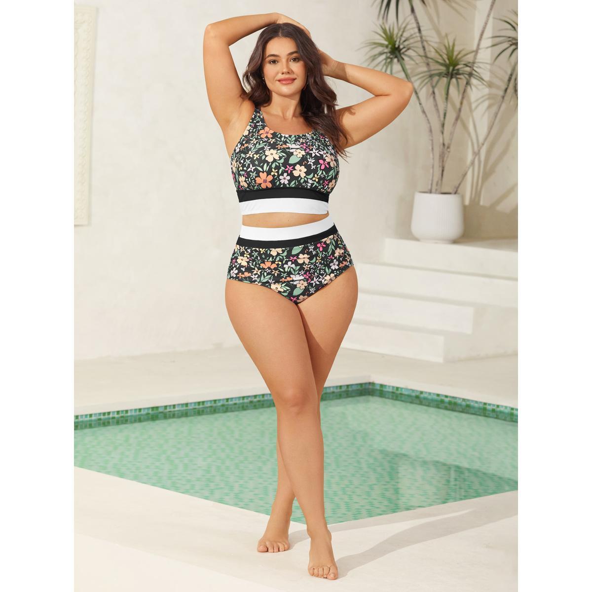 Plus Size Floral Print Color Contrast Swim Bottoms Women's Swimwear Black Beach Contrast High stretch Skinny High Rise Curve Swim Bottoms BloomChic 18-20/2X Product Image